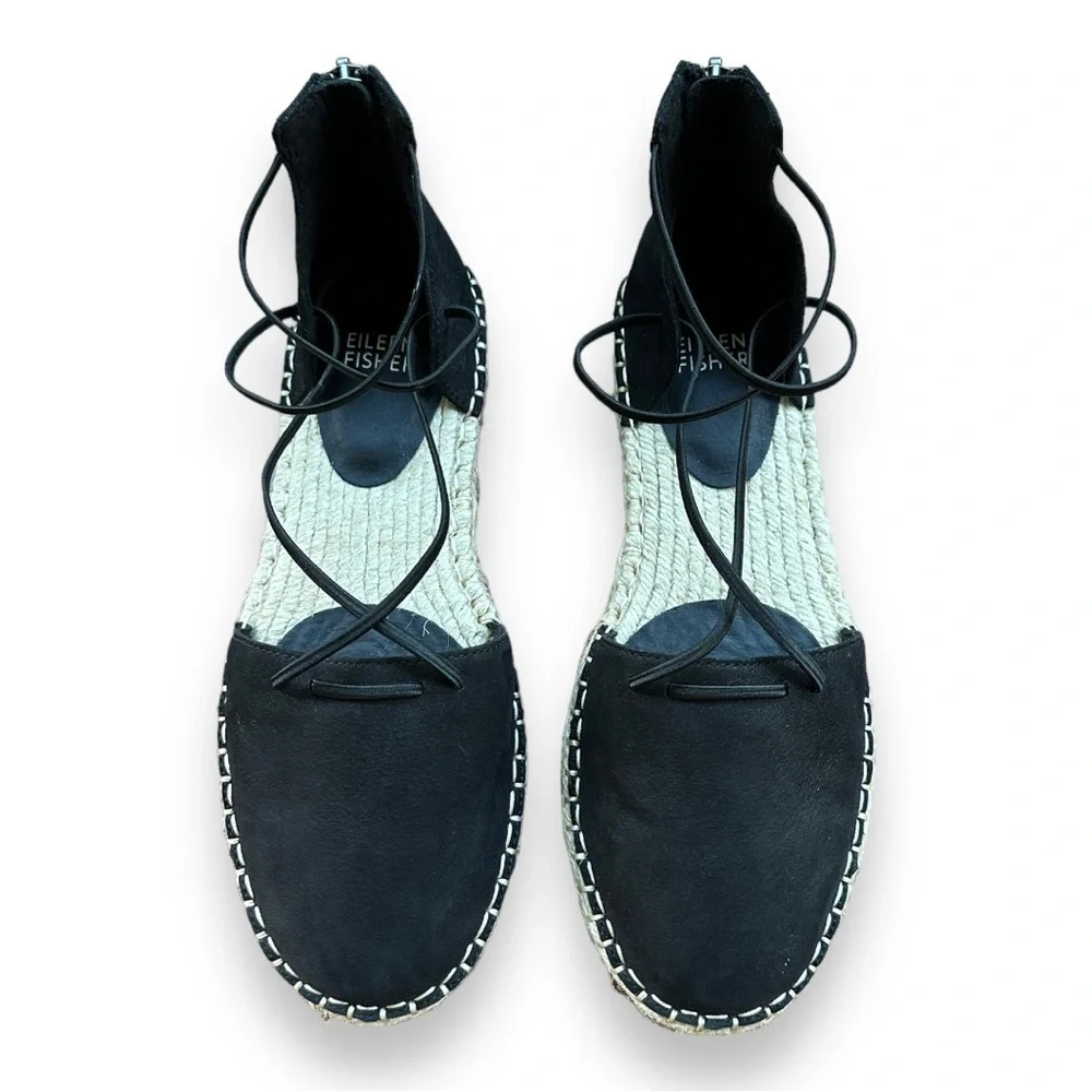 New Eileen Fisher Black Lace Leather Espadrilles | Size 7.5